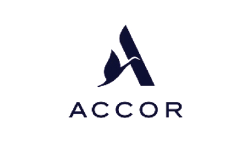 Accor logo with an abstract navy A symbol and the word ACCOR beneath it
